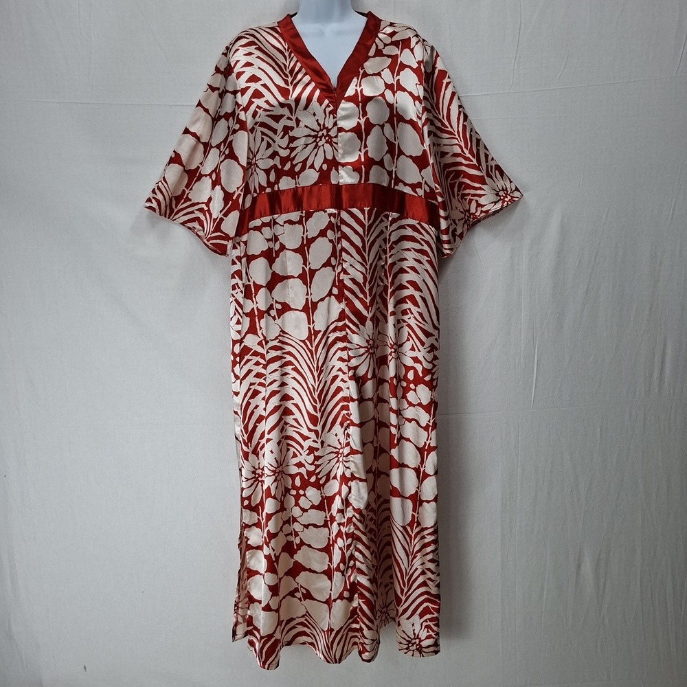 La Cera Women's L Red Ivory Satin Floral Caftan Robe Kimono Midi‎ Dress Half Zip